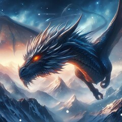 A majestic dragon soars over snow-capped peaks, its fiery gaze piercing the sky with a fearsome roar.