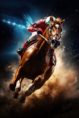 Naklejka premium illustration of fast horseman rider and horse at race on black background, equine sport and speed concept