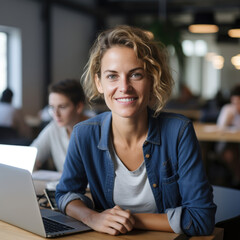 Casual shot of a smiling businesswoman behind her laptop at her working desk looking at the camera, daylight
