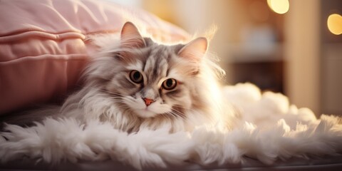 Photo of a cute fluffy cat lounging on some soft pillows created with Generative AI technology