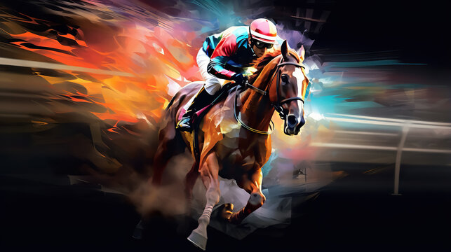 illustration of fast horseman rider and horse at race on black background, equine sport and speed concept