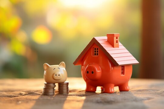 Image of a piggy bank with a miniature house, representing the concept of accumulating funds for a mortgage. Generative AI