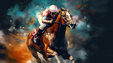 Foto op Canvas illustration of fast horseman rider and horse at race on black background, equine sport and speed concept © goami