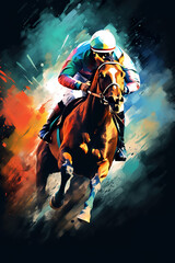 Fototapeta premium illustration of fast horseman rider and horse at race on black background, equine sport and speed concept
