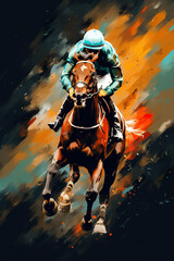 Fototapeta premium illustration of fast horseman rider and horse at race on black background, equine sport and speed concept