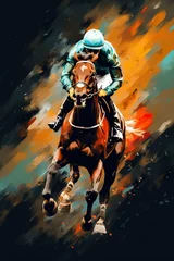 Gordijnen illustration of fast horseman rider and horse at race on black background, equine sport and speed concept © goami