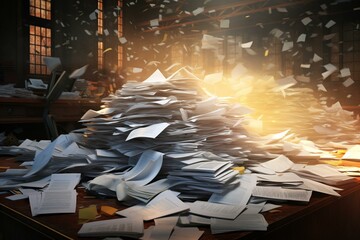 Piles of papers and volatile substances. Generative AI - obrazy, fototapety, plakaty