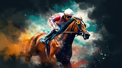 Tuinposter illustration of fast horseman rider and horse at race on black background, equine sport and speed concept © goami