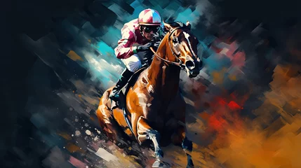 Poster illustration of fast horseman rider and horse at race on black background, equine sport and speed concept © goami
