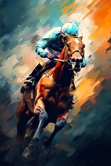 Stof per meter  illustration of fast horseman rider and horse at race on black background, equine sport and speed concept  © goami