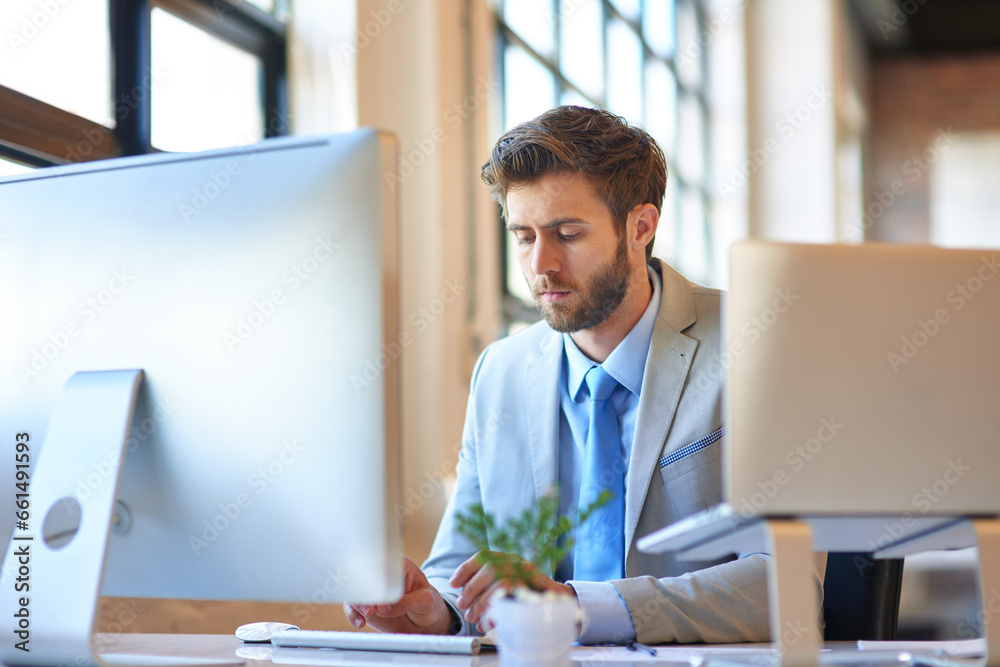 Poster Business, thinking and man with a computer, internet and solution with problem solving, website info and ideas. Person, employee and consultant with technology, laptop and brainstorming with email