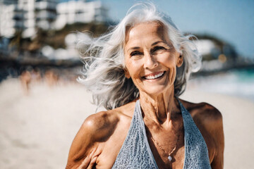 Beautiful happy elderly woman in bikini with wrinkled face and gray hair enjoys retirement on sea beach - obrazy, fototapety, plakaty