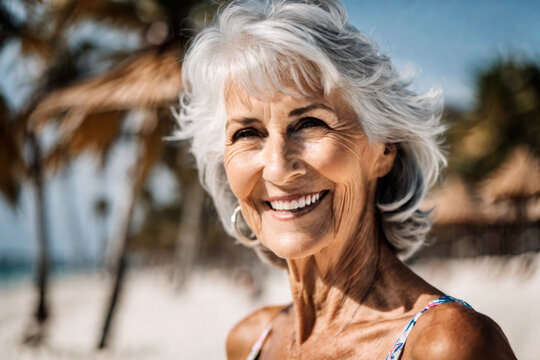 Beautiful happy elderly woman in bikini with wrinkled face and gray hair enjoys retirement on sea beach