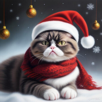 Comical portrait of a cat wearing a Christmas hat and scarf.  Generative AI
