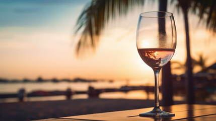 Rose glass of wine with a blurred beach background in the sunset - obrazy, fototapety, plakaty