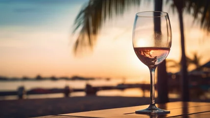 Foto op Canvas Rose glass of wine with a blurred beach background in the sunset © Danielle
