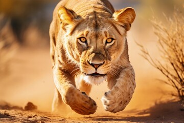 Lioness in full flight hunting for food. Generative AI