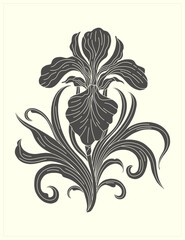Frame with a iris flower in the style of Art Nouveau. Beautiful iris vintage floral composition 1920-1930 years.