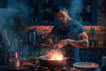 Asian handsome young chef cooks in the kitchen, cooking food in a restaurant over an open fire