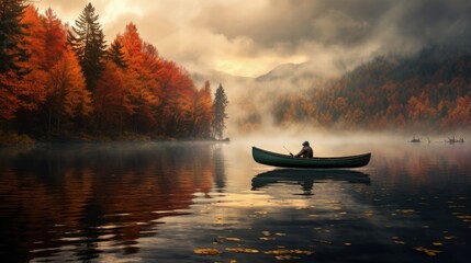 A lone camper in a canoe. Generative AI
