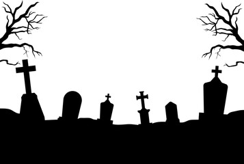 Halloween silhouette background with trees, tombstones, Cemetery in forest.