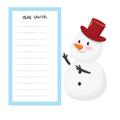 Snowman's Letter to Santa. Cute snowman next to the letter to Santa Claus.