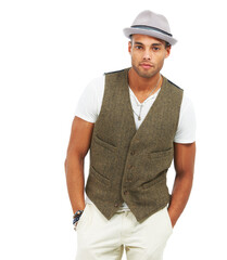 Man, confident and fashion in studio portrait with trendy aesthetic, retro style and white background in mockup. Handsome model, mexican and assertive or serious in contemporary and gen z design