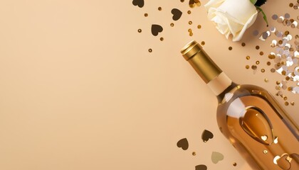 Top view of white rose, shiny golden confetti and bottle of wine on beige background with copy space