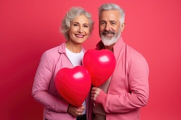 Mature couple with heart-shaped balloons looking at camera, on red background, Valentine's Day concept.