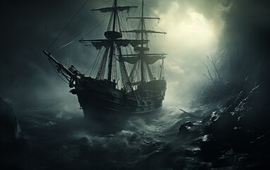 Eerie Spectral Vessel Navigating a Misty Ocean