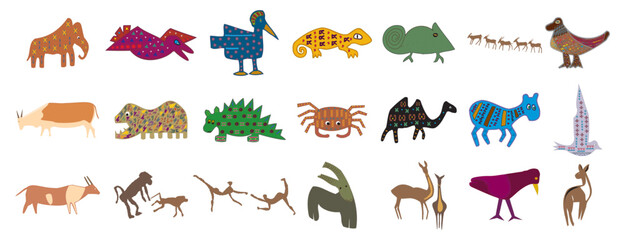 African Ancient Artwork Birds and Animals compendium vector illustrations- elephant chameleon monkeys camel and many birds etc - editable best art design for multipurpose use in high definition format