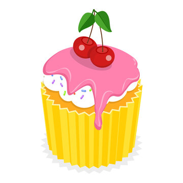 3D Isometric Flat Vector Set of Sweet Cupcakes, Desserts for Pastry. Item 4