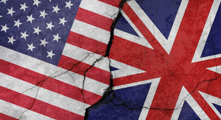 US and UK flags, concrete wall texture with cracks, grunge background, military conflict concept