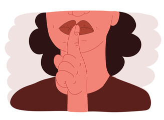 Vector illustration of woman holding index finger near mouth stop talking hush gesture silence