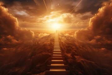 Majestic Ascending stairs to the sun. Sunlight life. Generate Ai