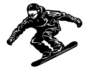 Fototapeta premium Snowboarder in action vector illustration. Extreme winter sports. Snowboarding emblem. Sport club logo. Snowboarding equipment. 
