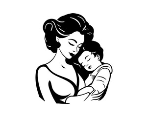 Woman holding baby in her arms. Happy mother's day. Greeting card for moms. Vector illustration.