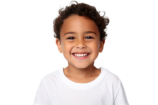 Studio portrait of a cute happy little boy with a beautiful smile isolated on transparent png background.