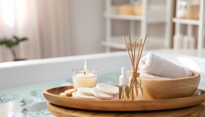 Wooden bath tray with candle and bathroom amenities on tub indoors - obrazy, fototapety, plakaty