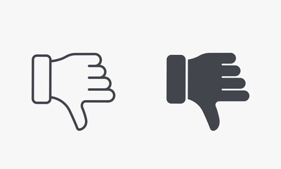 Dislike Gesture in Social Media Silhouette and Line Icon Set. Thumb Down, Finger Down Pictogram. Disapprove, Rejection, Negative Evaluation Symbol Collection. Isolated Vector Illustration
