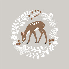 Hand drawn vector illustration with cute Christmas deer in pine and holly wreath. Perfect for tee shirt logo, greeting card, poster, invitation or print nursery design.