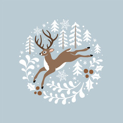 Hand drawn vector illustration with cute Christmas deer in pine and holly wreath. Perfect for tee shirt logo, greeting card, poster, invitation or print nursery design.