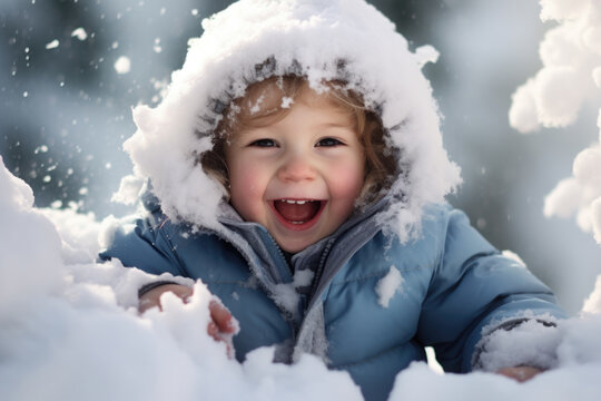 Happy little kid in winter clothes playing with snow.