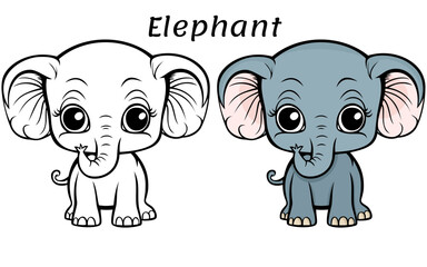 Elephant Cute Animal Coloring Book Hand Drawn Illustration for kids