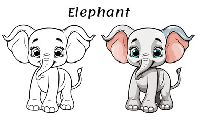 Elephant Cute Animal Coloring Book Hand Drawn Illustration for kids