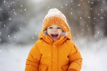 Happy kid in winter clothes in snowy park.