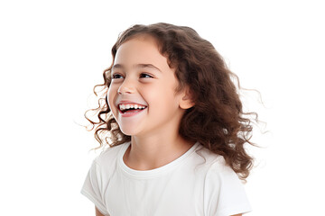 Studio portrait of a cute happy little girl with a beautiful smile isolated on transparent png background.