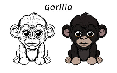 Gorilla Cute Animal Coloring Book Hand Drawn Illustration for kids