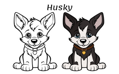 Husky dog Cute Animal Coloring Book Hand Drawn Illustration for kids