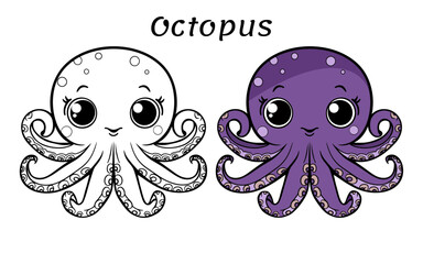 Octopus Cute Animal Coloring Book Hand Drawn Illustration for kids